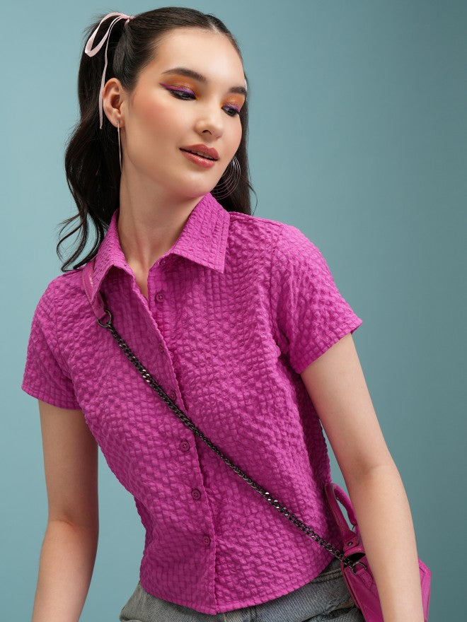 Tokyo Talkies Women Magenta Self Design Shirt Style Top - Magenta - Image 1