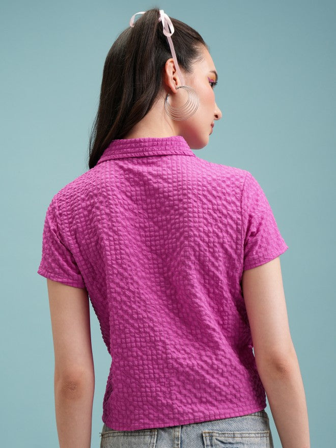 Tokyo Talkies Women Magenta Self Design Shirt Style Top - Magenta - Image 3