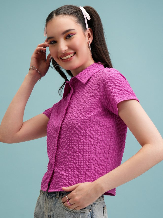 Tokyo Talkies Women Magenta Self Design Shirt Style Top - Magenta - Image 4