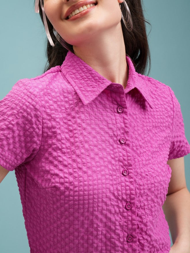 Tokyo Talkies Women Magenta Self Design Shirt Style Top - Magenta - Image 5