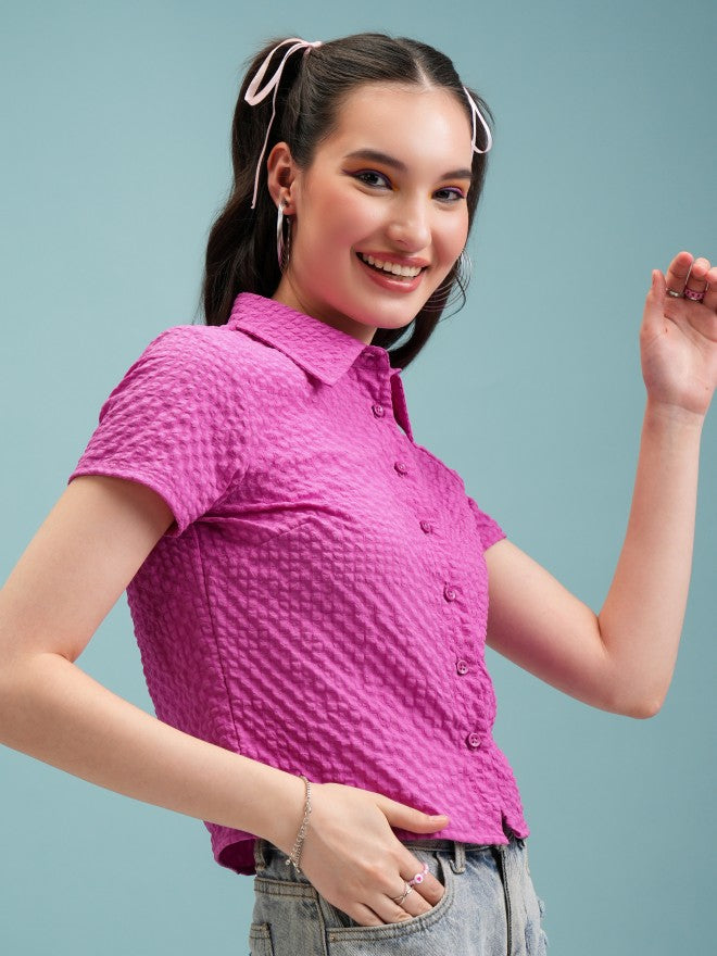 Tokyo Talkies Women Magenta Self Design Shirt Style Top - Magenta - Image 6