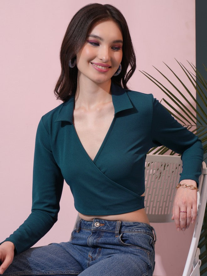 Tokyo Talkies Women Teal Solid Wrap Top - Teal - Image 1