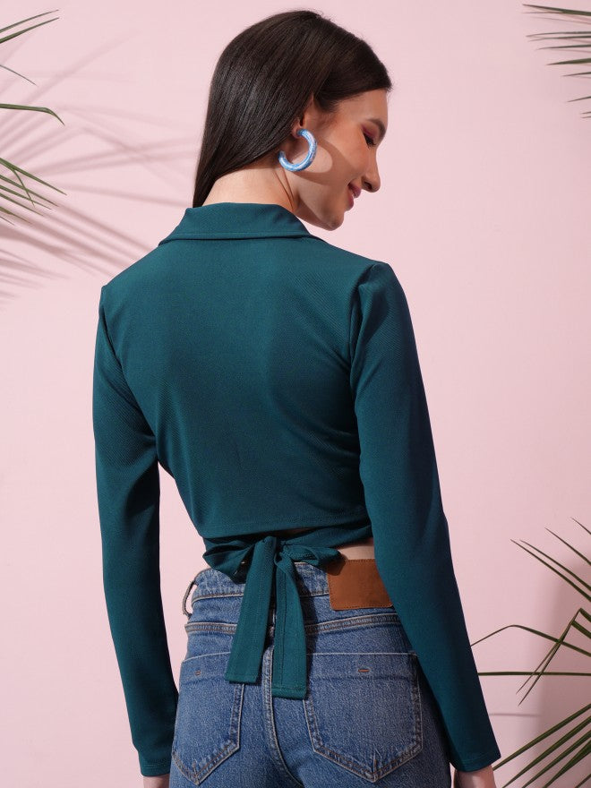 Tokyo Talkies Women Teal Solid Wrap Top - Teal - Image 3