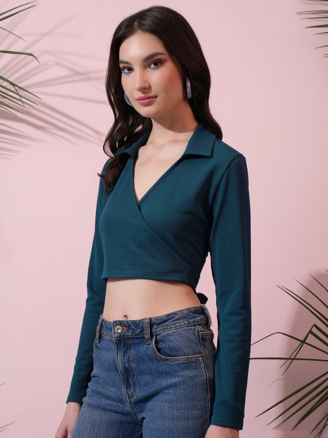 Tokyo Talkies Women Teal Solid Wrap Top - Teal - Image 4