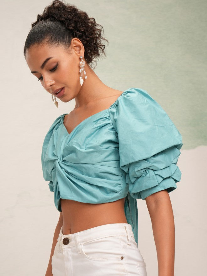 Tokyo Talkies Women Teal Solid High-Low Top - Teal - Image 4