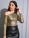 Tokyo Talkies Women Gold Embellished Fitted Top - Gold - Image 1