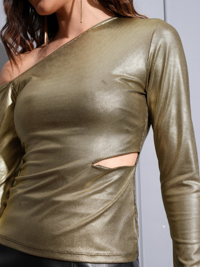 Tokyo Talkies Women Gold Embellished Fitted Top - Gold - Image 5