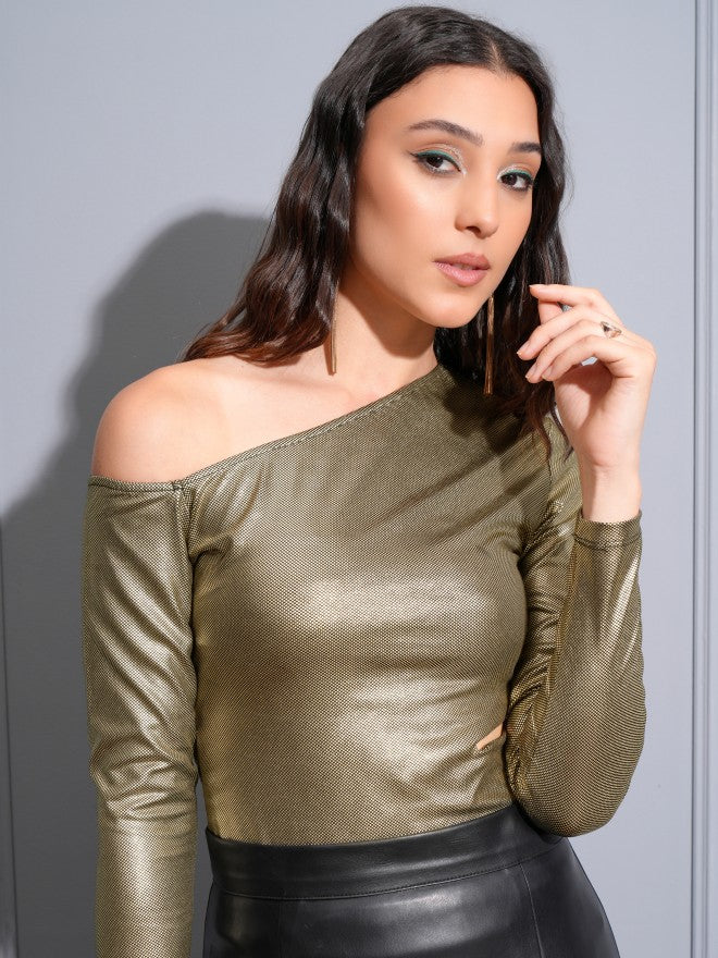 Tokyo Talkies Women Gold Embellished Fitted Top - Gold - Image 7