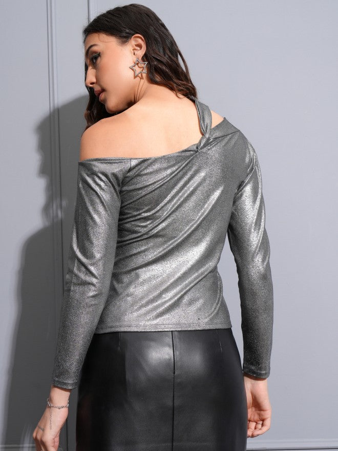Tokyo Talkies Women Black Embellished Fitted Top - Grey - Image 3