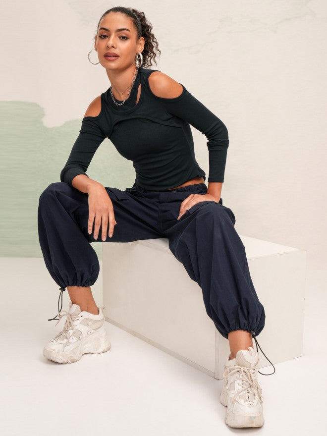Tokyo Talkies Women Navy Blue Solid Fitted Top - Navy Blue - Image 2