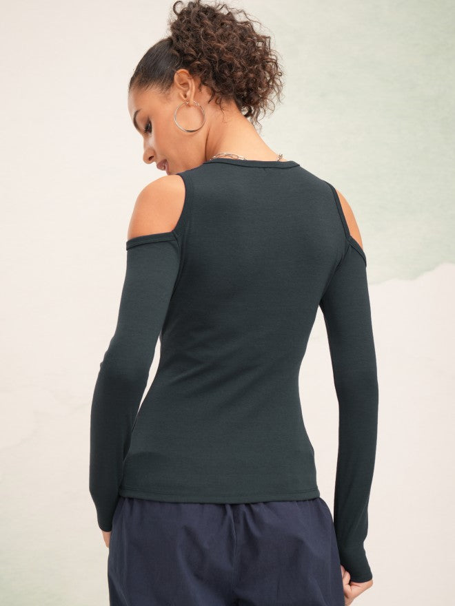 Tokyo Talkies Women Navy Blue Solid Fitted Top - Navy Blue - Image 3