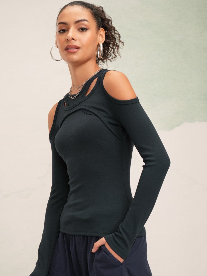 Tokyo Talkies Women Navy Blue Solid Fitted Top - Navy Blue - Image 4
