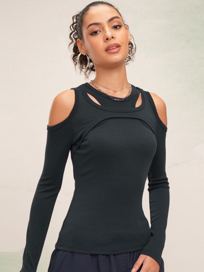 Tokyo Talkies Women Navy Blue Solid Fitted Top - Navy Blue - Image 6