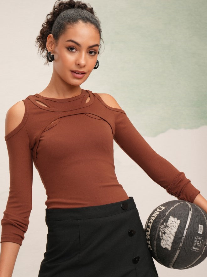Tokyo Talkies Women Rust Solid Fitted Top - Rust - Image 1