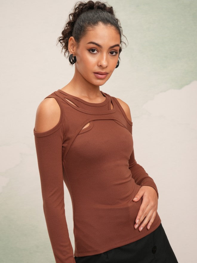 Tokyo Talkies Women Rust Solid Fitted Top - Rust - Image 6