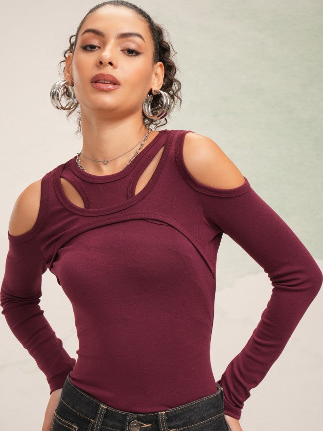 Tokyo Talkies Women Burgundy Solid Fitted Top - Burgundy - Image 1