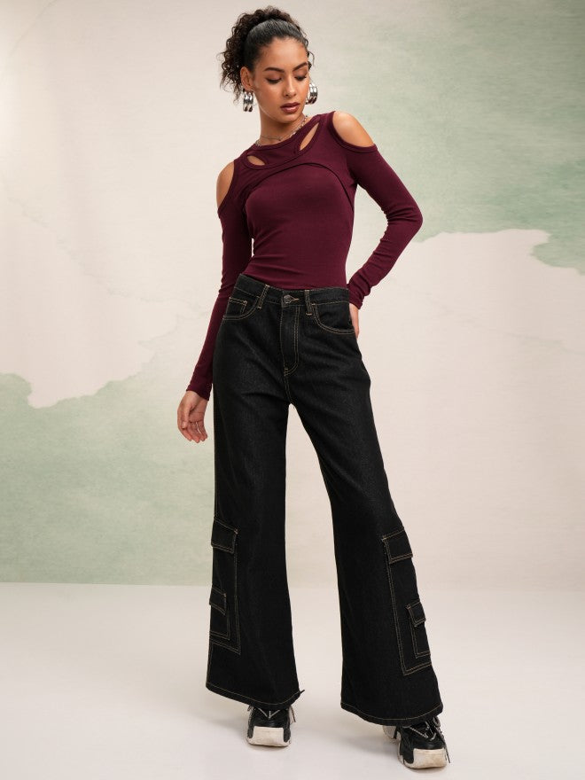 Tokyo Talkies Women Burgundy Solid Fitted Top - Burgundy - Image 2