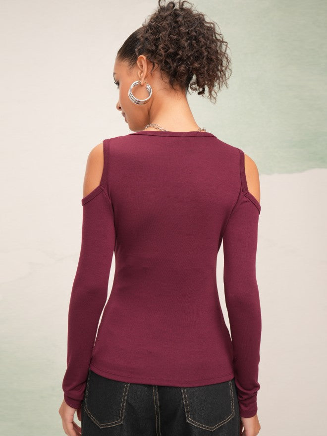 Tokyo Talkies Women Burgundy Solid Fitted Top - Burgundy - Image 3