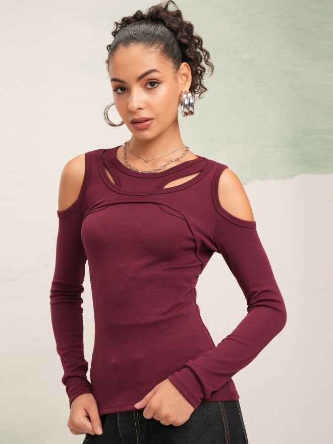Tokyo Talkies Women Burgundy Solid Fitted Top - Burgundy - Image 4
