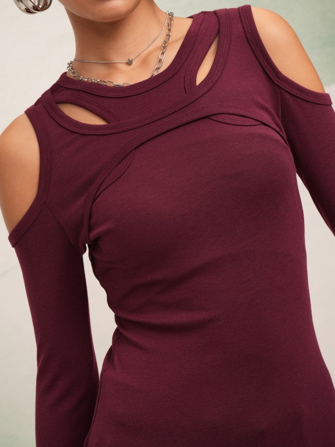 Tokyo Talkies Women Burgundy Solid Fitted Top - Burgundy - Image 5
