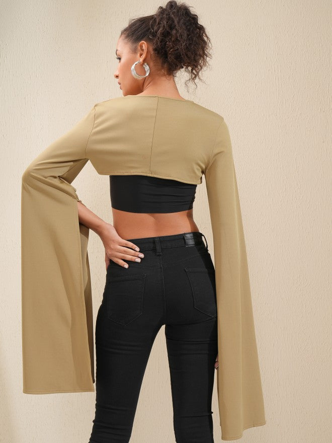 Tokyo Talkies Women Khaki Solid Fitted Top - Khaki - Image 3