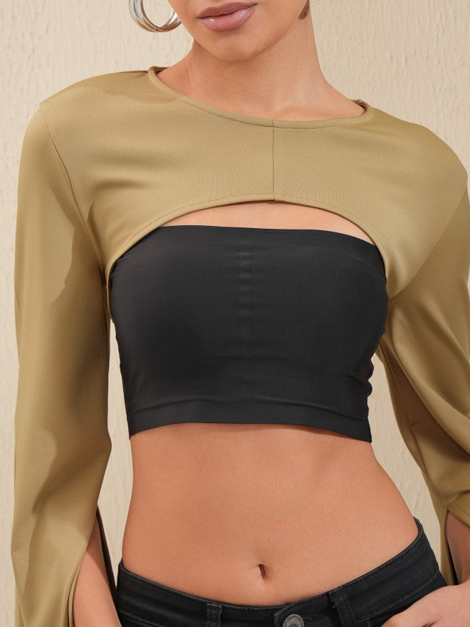 Tokyo Talkies Women Khaki Solid Fitted Top - Khaki - Image 5
