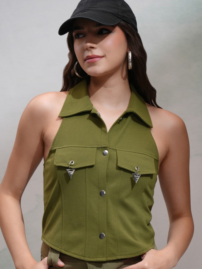 Tokyo Talkies Women Olive Solid Fitted Top - Olive - Image 1