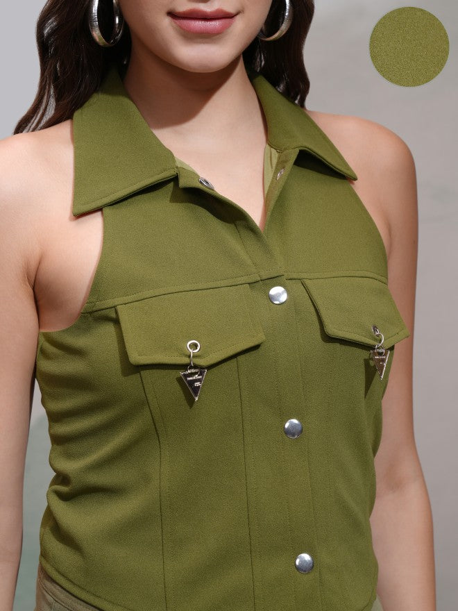 Tokyo Talkies Women Olive Solid Fitted Top - Olive - Image 5
