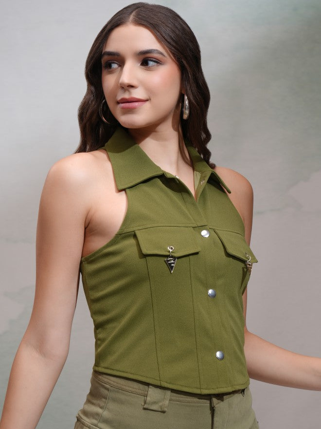 Tokyo Talkies Women Olive Solid Fitted Top - Olive - Image 6