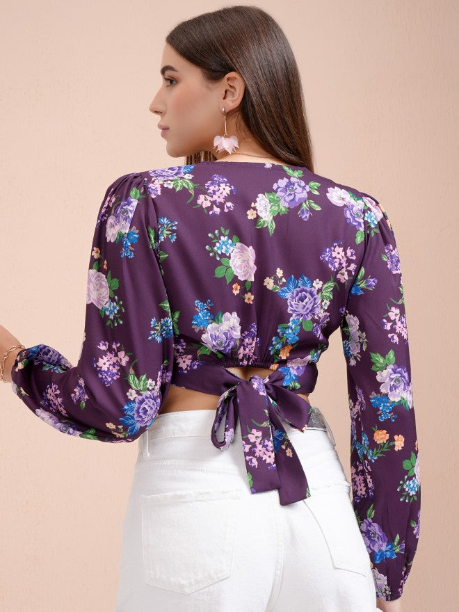 Tokyo Talkies Women Purple Printed Blouson Top - Purple - Image 3