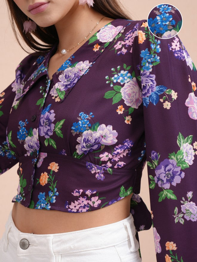 Tokyo Talkies Women Purple Printed Blouson Top - Purple - Image 5