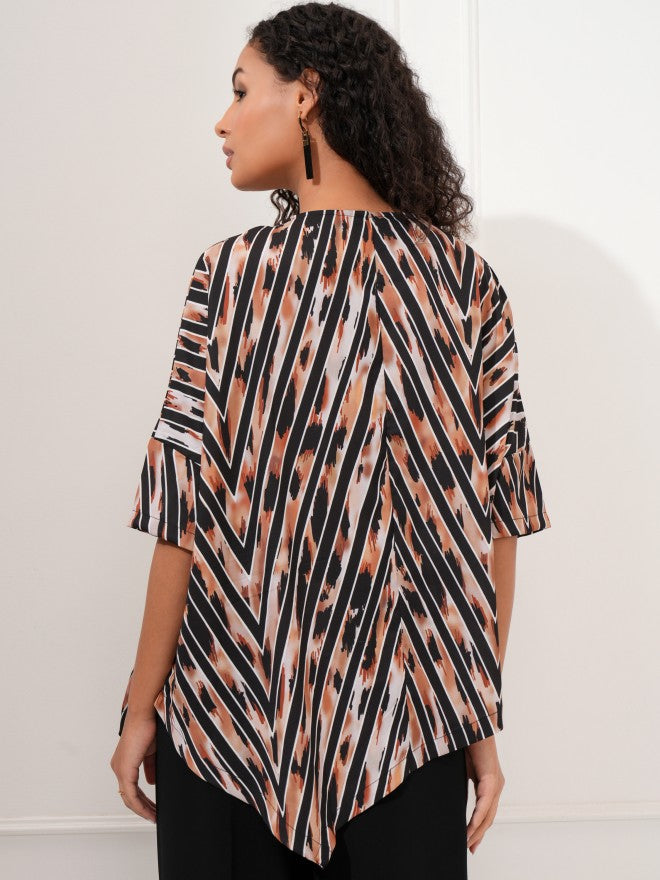 Tokyo Talkies Women Beige Printed Asymmetrical Hem Top - Beige - Image 3