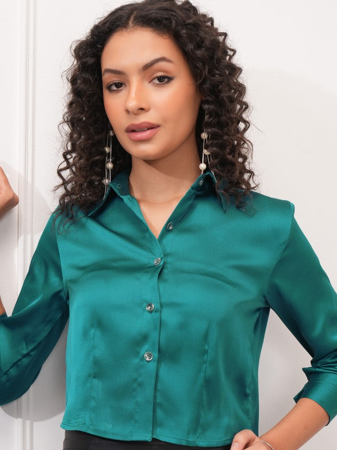 Tokyo Talkies Women Teal Solid Shirt Style Top - Teal - Image 1