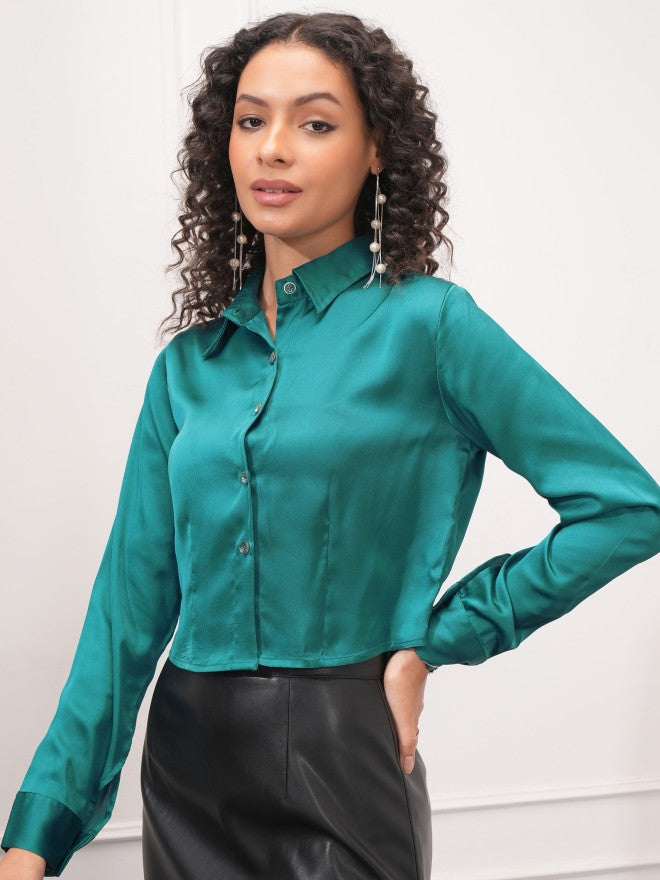 Tokyo Talkies Women Teal Solid Shirt Style Top - Teal - Image 4