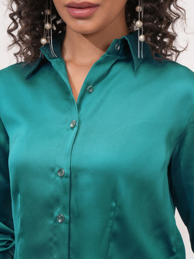 Tokyo Talkies Women Teal Solid Shirt Style Top - Teal - Image 5