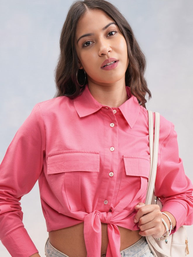 Tokyo Talkies Women Pink Solid Shirt Style Top - Pink - Image 1
