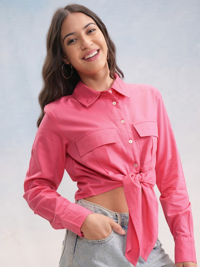 Tokyo Talkies Women Pink Solid Shirt Style Top - Pink - Image 6
