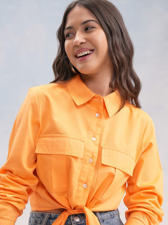 Tokyo Talkies Women Orange Solid Shirt Style Top - Orange - Image 1