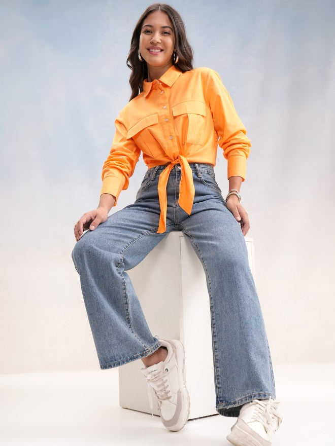 Tokyo Talkies Women Orange Solid Shirt Style Top - Orange - Image 2