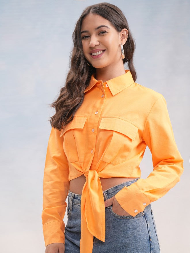 Tokyo Talkies Women Orange Solid Shirt Style Top - Orange - Image 4