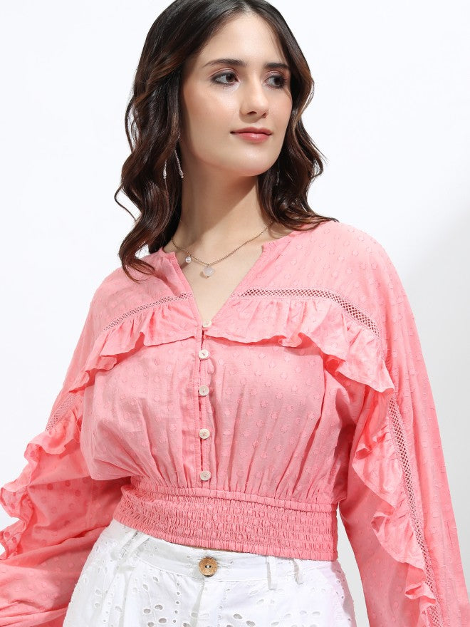 Tokyo Talkies Women Pink Self Design Blouson Top - Pink - Image 1
