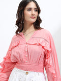 Tokyo Talkies Women Pink Self Design Blouson Top - Pink - Image 1