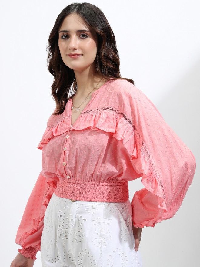 Tokyo Talkies Women Pink Self Design Blouson Top - Pink - Image 4