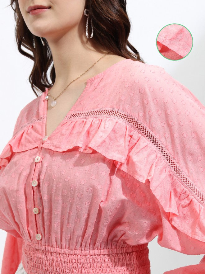 Tokyo Talkies Women Pink Self Design Blouson Top - Pink - Image 5