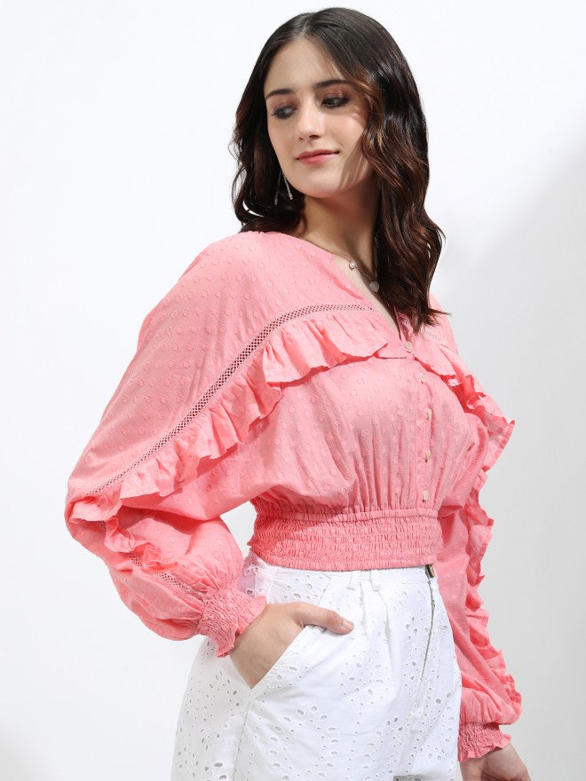 Tokyo Talkies Women Pink Self Design Blouson Top - Pink - Image 6