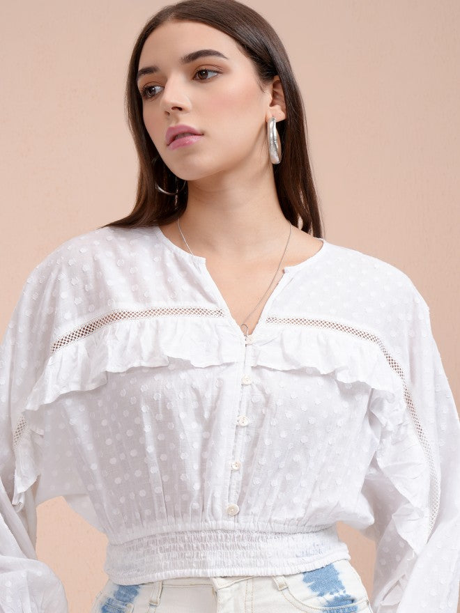 Tokyo Talkies Women White Self Design Regular Top - White - Image 1