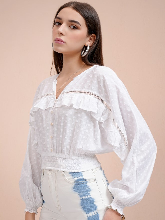 Tokyo Talkies Women White Self Design Regular Top - White - Image 4