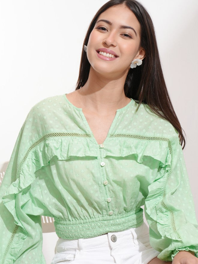 Tokyo Talkies Women Green Self Design Regular Top - Green - Image 1