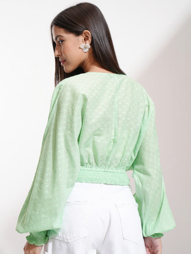 Tokyo Talkies Women Green Self Design Regular Top - Green - Image 3