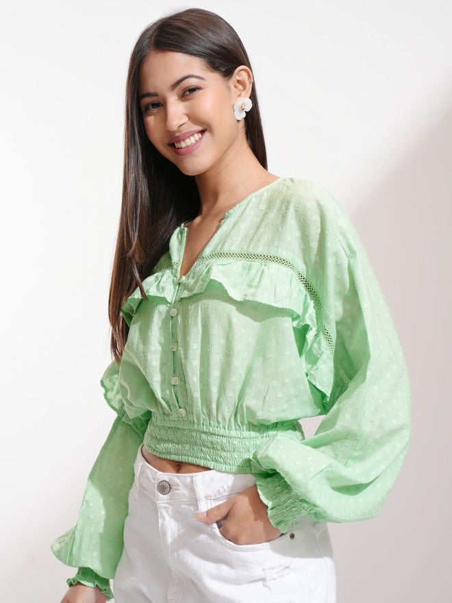 Tokyo Talkies Women Green Self Design Regular Top - Green - Image 4